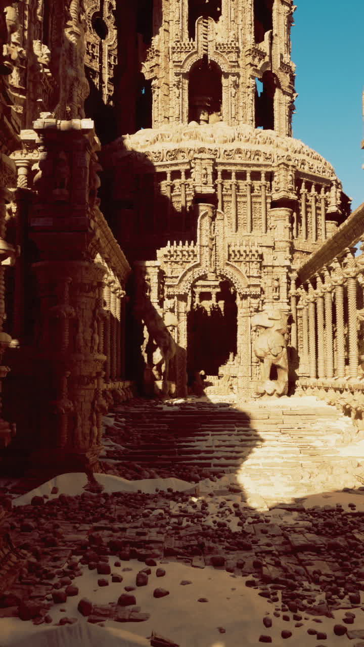 Ancient temple ruins surrounded by sand under a bright blue sky