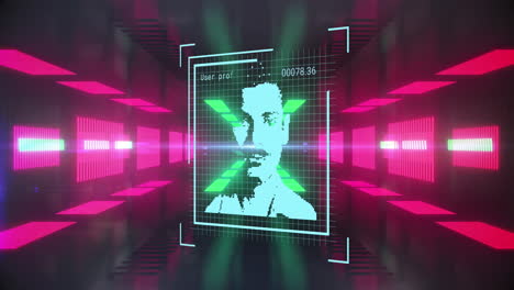 animation of data processing with diverse people portraits over neon shapes on black background