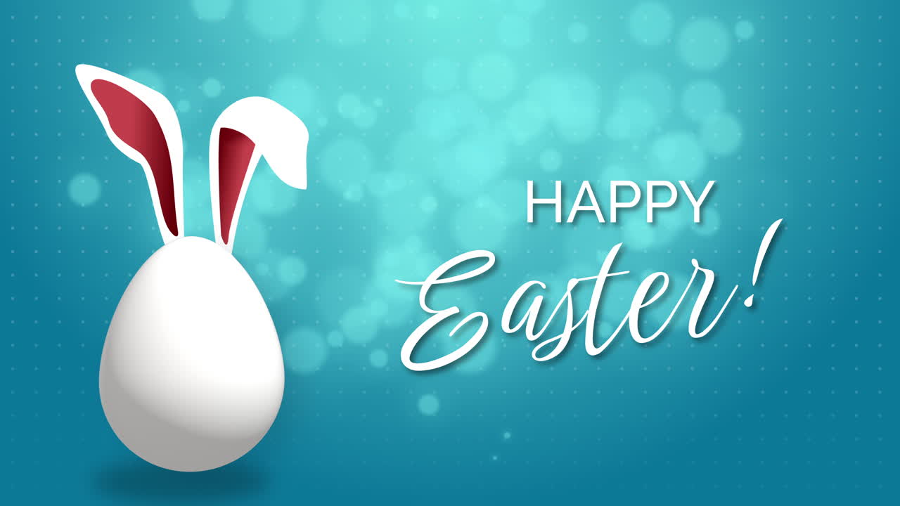 White jumping Easter egg with rabbit ears. Happy Easter. Looped festive animation of blue background with blurred circles.