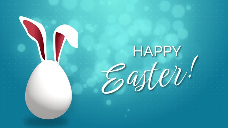 White jumping Easter egg with rabbit ears. Happy Easter. Looped festive animation of blue background with blurred circles.