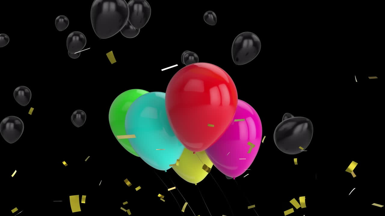 animación de globos coloridos, globos negros y confeti dorado que caen sobre un fondo negro