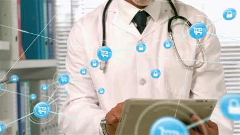 animación de una red de conexiones con iconos sobre un médico caucásico usando una tableta