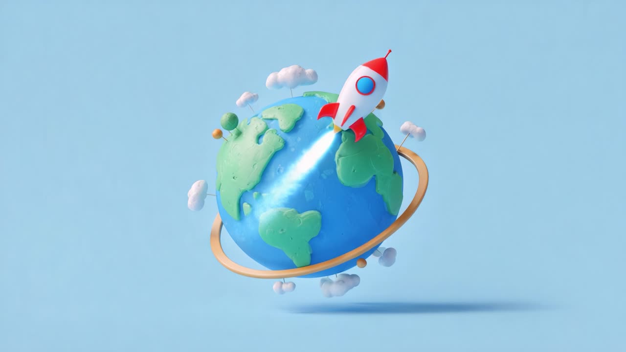 A Colorful Rocket Launching from a Vibrant Planet Earth Surrounded by Whimsical Clouds in a Bright Sky, Symbolizing Exploration, Adventure, and the Spirit of Discovery