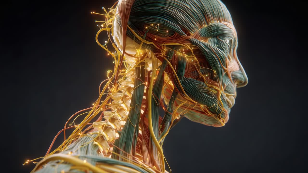 Visualizzazione Intricata dell'Anatomia del Collo Umano che Mostra Dettagliate Strutture Muscolari, Nervose e Vascolari con Evidenziazioni di Fibre Radianti