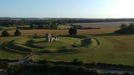 aerial view of church ruins in hill fort