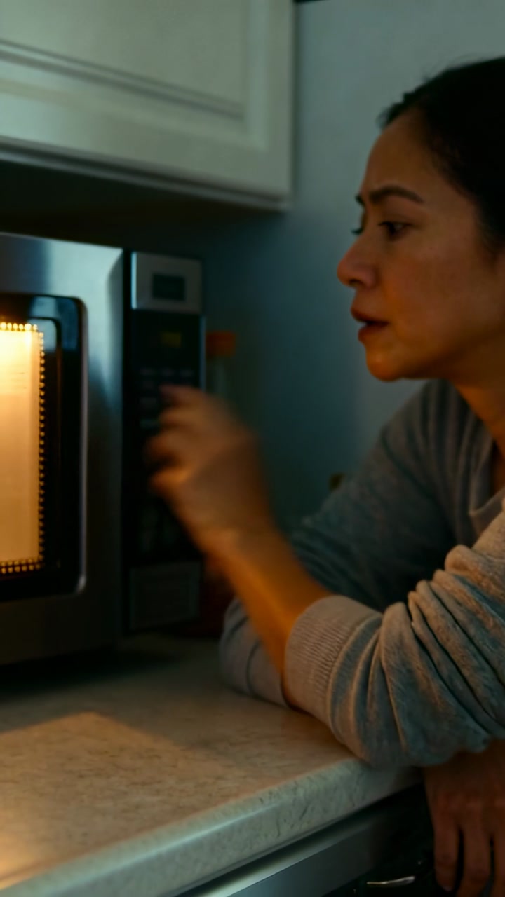 Vertical video: Woman leaning on kitchen countertop, microwave light causing reach to check food