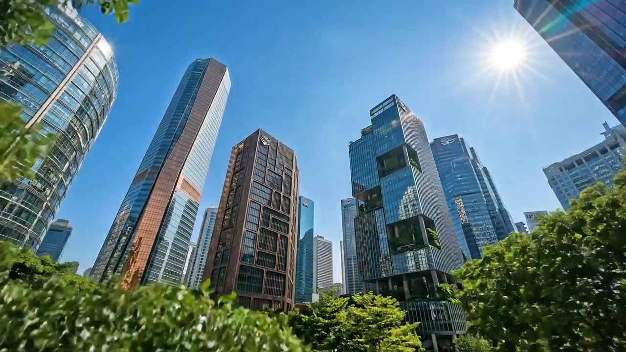 Arranha-céus de Cidade Moderna Vistos do Nível da Rua em Distrito Comercial Urbano