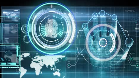 Animation-of-scopes-scanning,-biometric-fingerprint-and-medical-data-processing-over-digital-screen