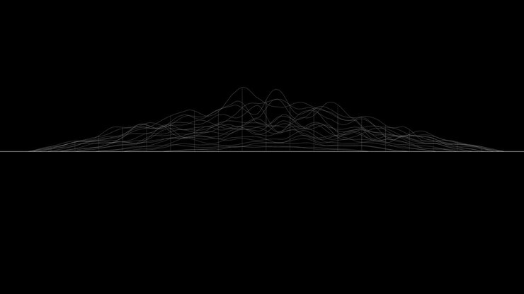 Hvide linjer danner en forvrænget overflade på sort baggrund. Abstrakt CG-animationsloop, set fra siden. 3D-rendering