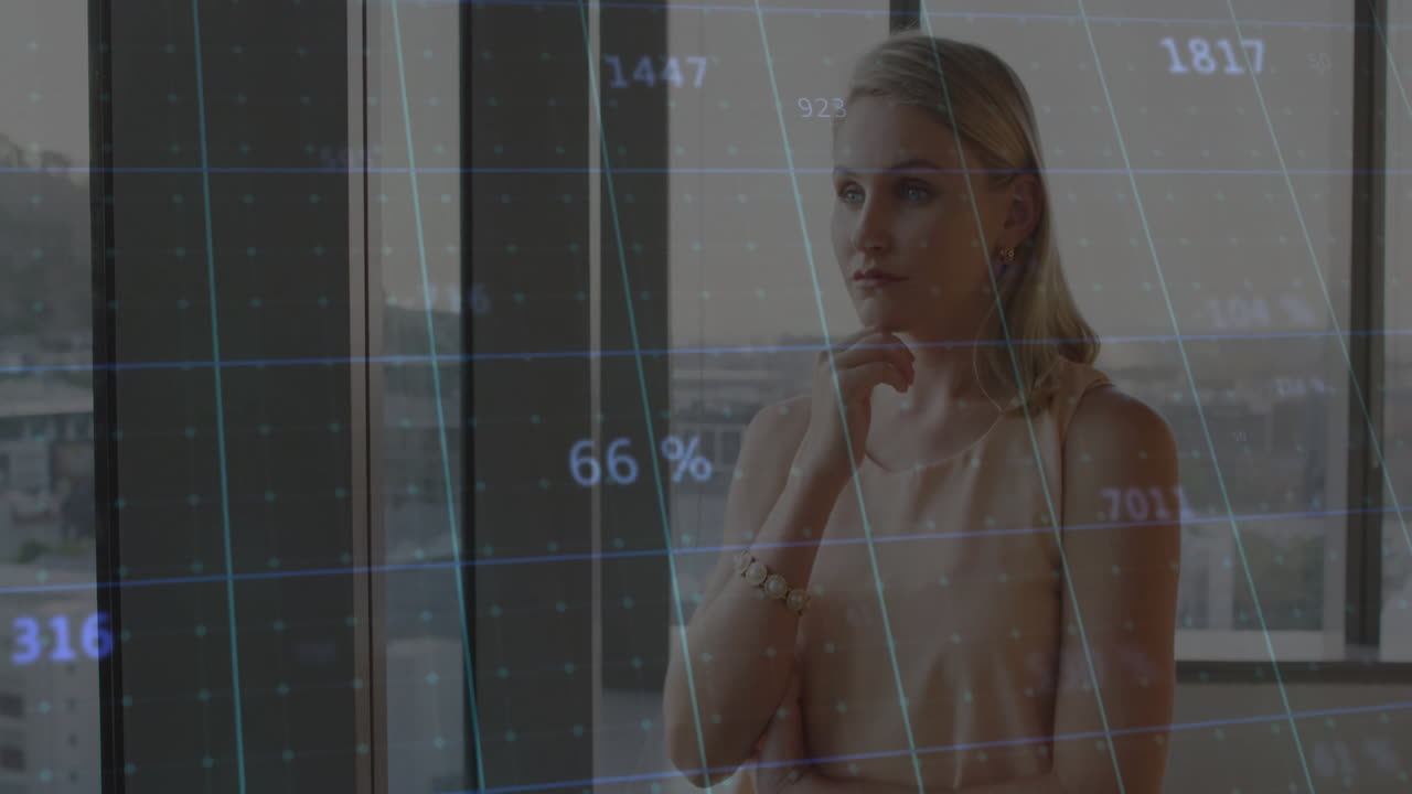 In office, businesswoman contemplating data analysis with digital animation overlay