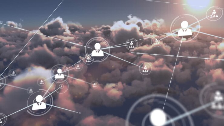 Animation of network of profile icons against clouds and sun in the sky