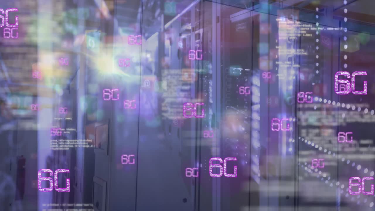 animazione di banner di testo 6g, punti di luce e elaborazione dei dati contro la sala server del computer