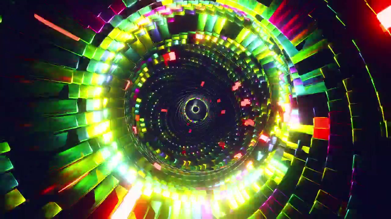 Animazione 3D astratta in loop che vola attraverso un tunnel tortuoso di cubi luminosi e colorati. Rendering 3D.