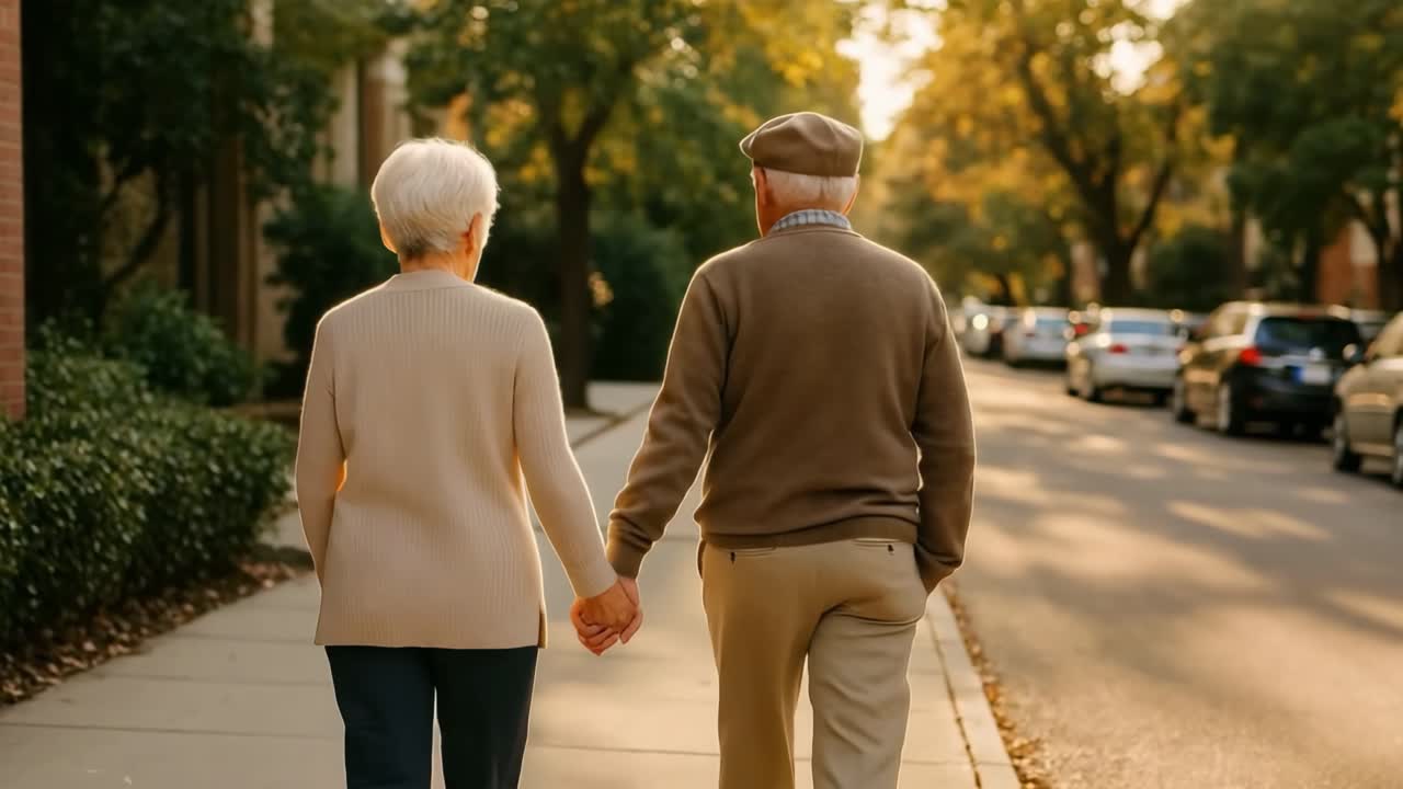 A warm, nostalgic video concept showing an elderly couple holding hands, walking away on a sunlit