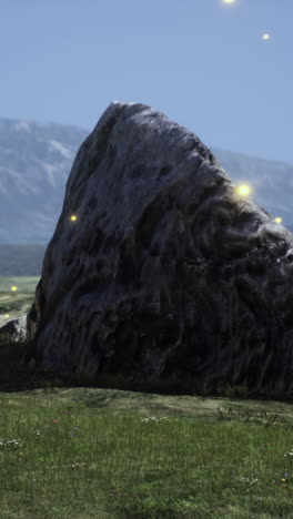 a large rock in a grassy field with mountains in the background