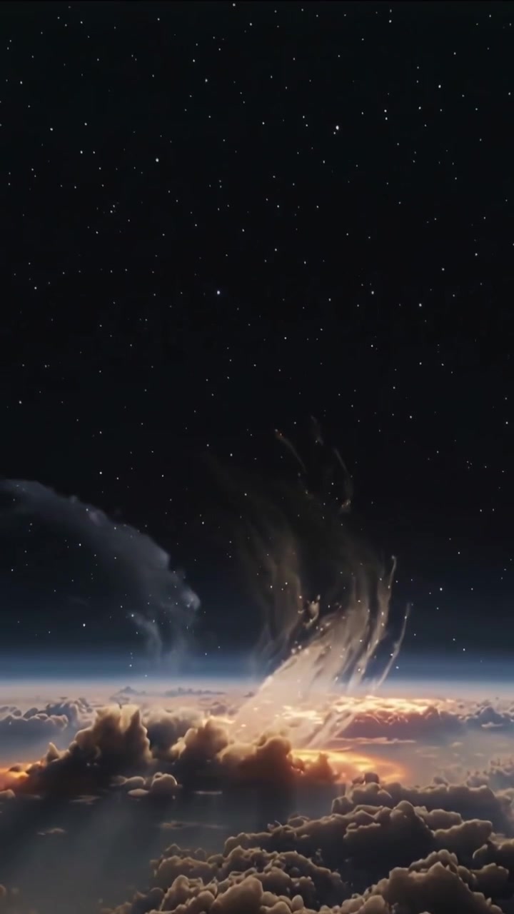Gumpalan bercahaya membumbung dari puncak awan setelah denyutan energi, menipis dan menampakkan bintang-bintang untuk VFX.