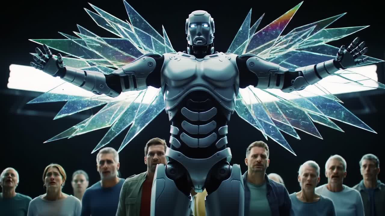 An Enigmatic Robot with Celestial Wings Stands at the Forefront, Captivating an Awestruck Audience in a Futuristic Showcase of Technology and Humanity