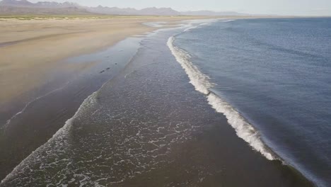 Aerial-Footage-of-Rare-Golden-Sandy-Beach-and-Calm-Waves-During-Sunny-Summer-In-Snaefellsness-Peninsula,-Iceland