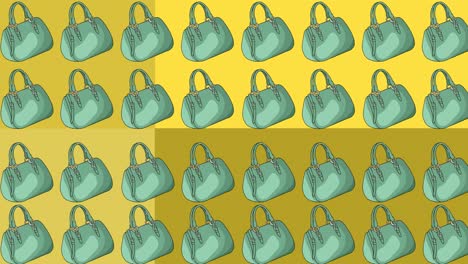 animation of blue handbags repeated and moving on yellow and purple background