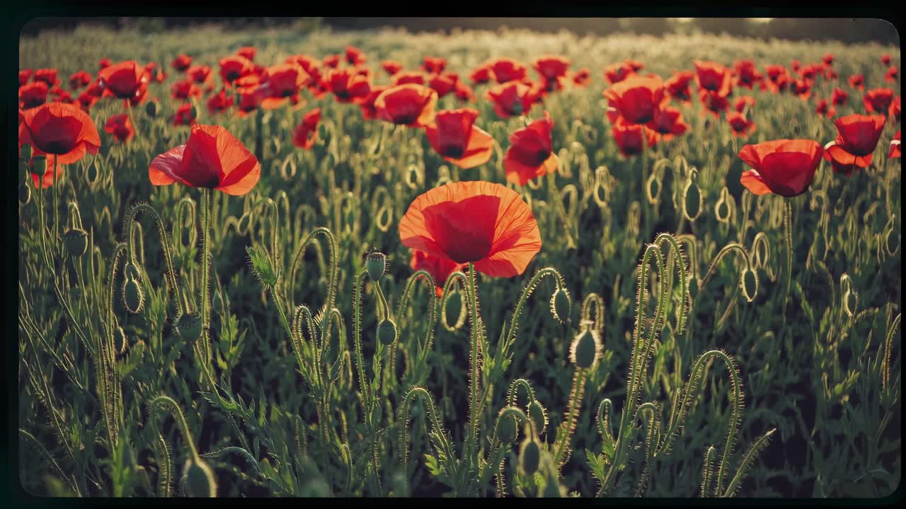 Field of red poppies in bloom, vibrant red flowers under sunlight
