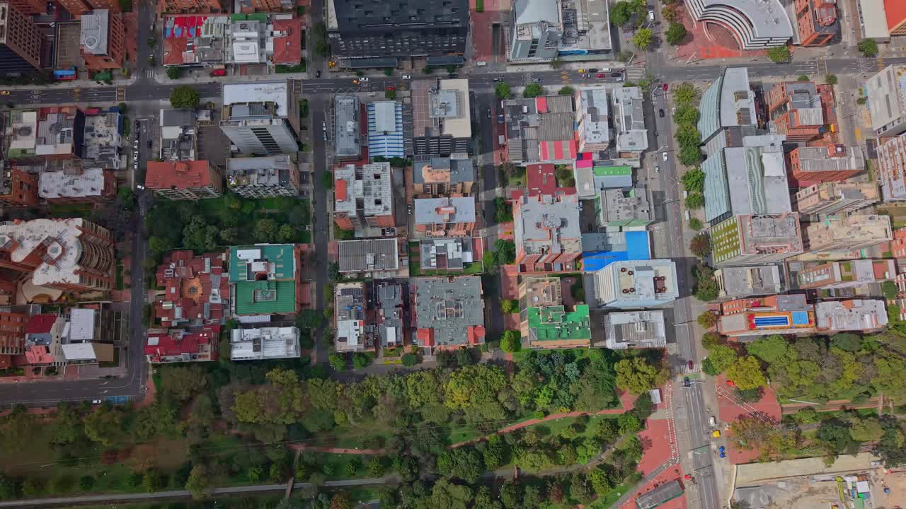 Aerial view of Bogota's Virrey Park and surrounding city buildings