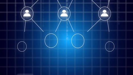 animación de la red de conexiones con iconos y procesamiento de datos sobre fondo azul