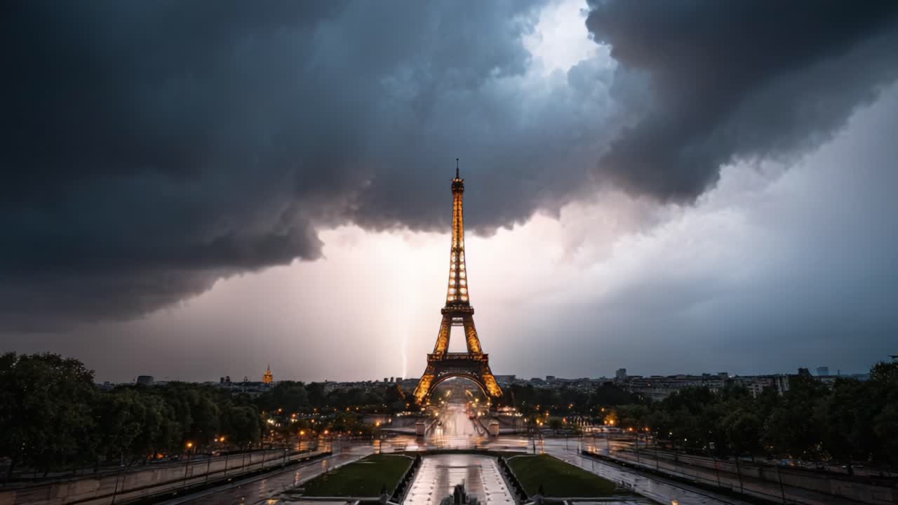 Spettacolari fulmini sulla Torre Eiffel mentre si addensano le nuvole temporalesche, mostrando la potenza della natura contro un'icona senza tempo di Parigi.