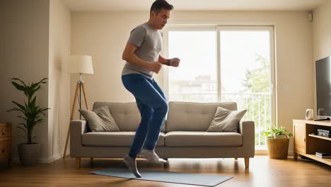 enthusiastic home workout routine: individual engaging in dynamic movement in cozy living room, showcasing fitness, energy, and comfort.