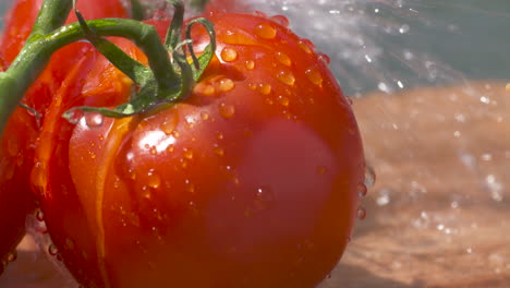 Draußen-Im-Sonnenlicht-Ein-Paar-Frische,-Köstliche,-Strauchgereifte-Tomaten-Waschen