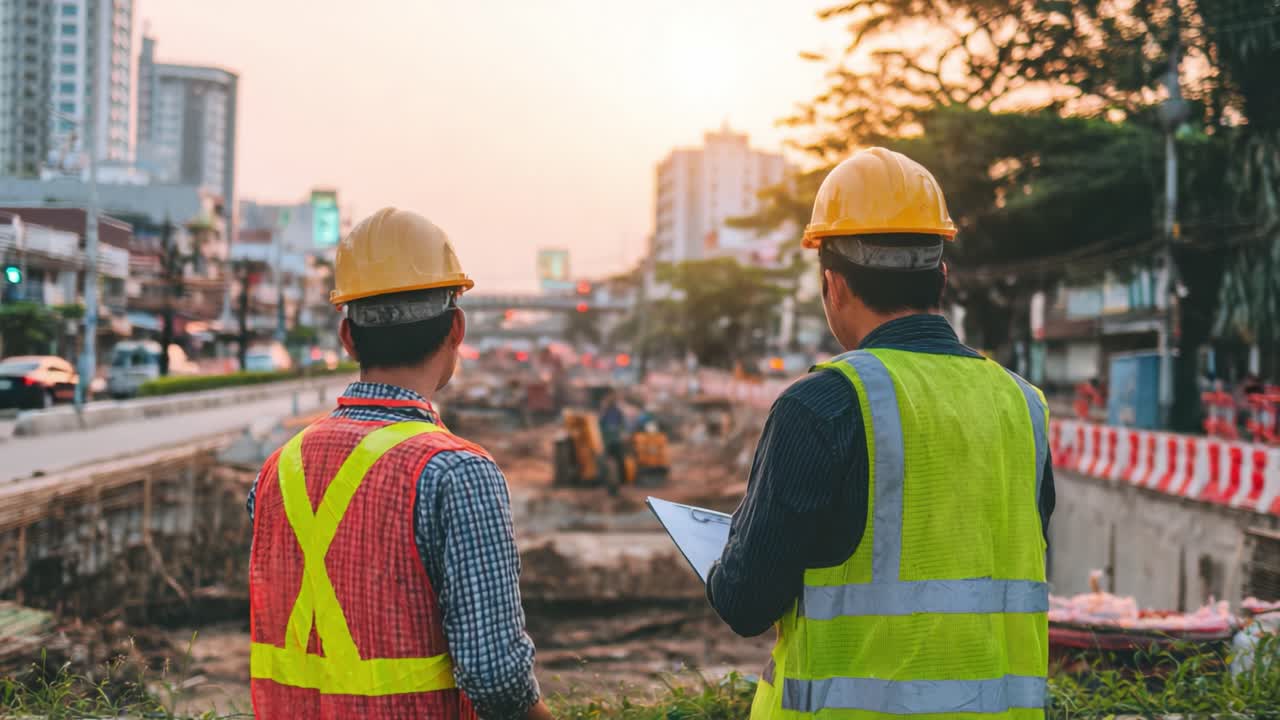 Two Construction Workers Oversee Progress at a Busy Urban Construction Site during Sunset, Highlighting Safety and Collaboration in Engineering Projects