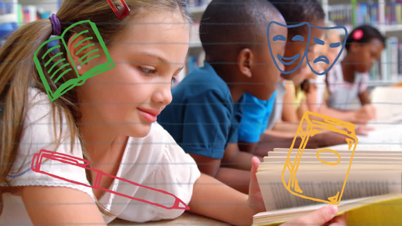 Children reading books in library with educational animation of books and theater masks