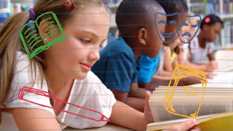children reading books in library with educational animation of books and theater masks