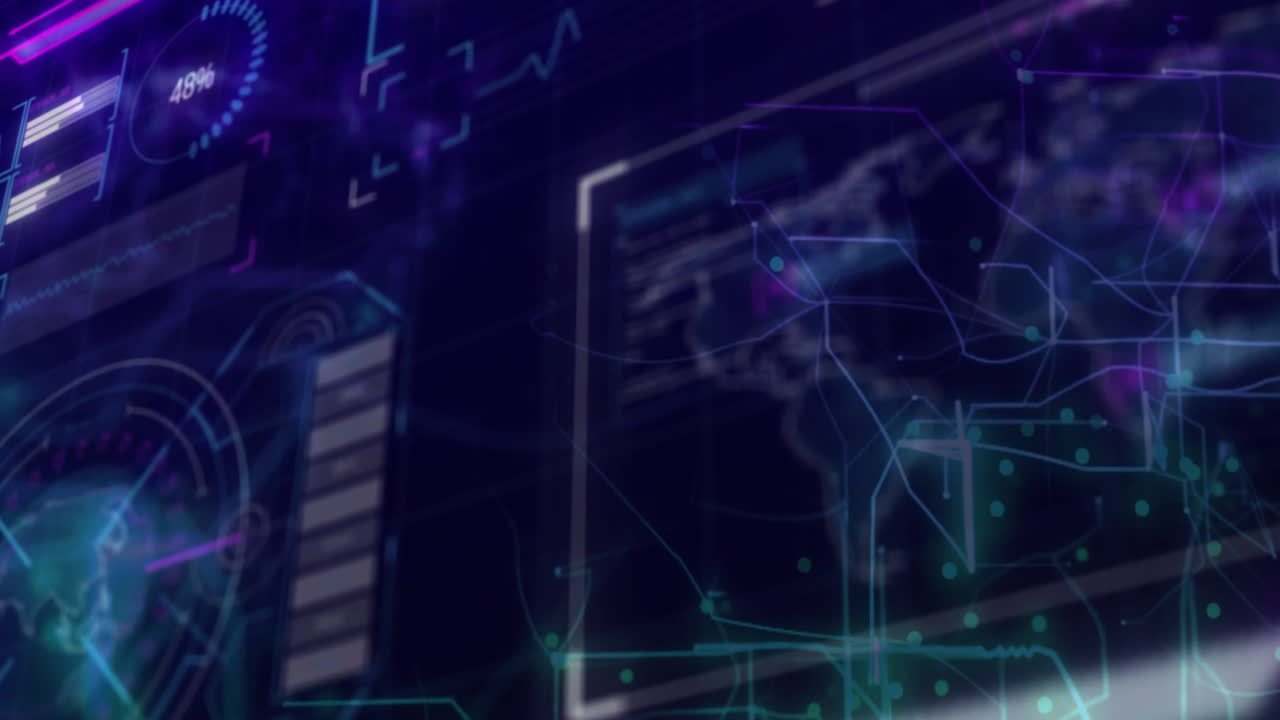 Animating digital data and network connections over screens showing global information