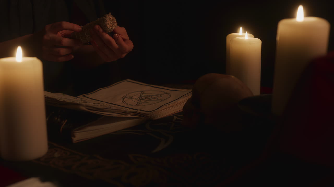 Woman Witch Reads Spell Book and Reaches for Sage Stick in Candlelight, low body shot