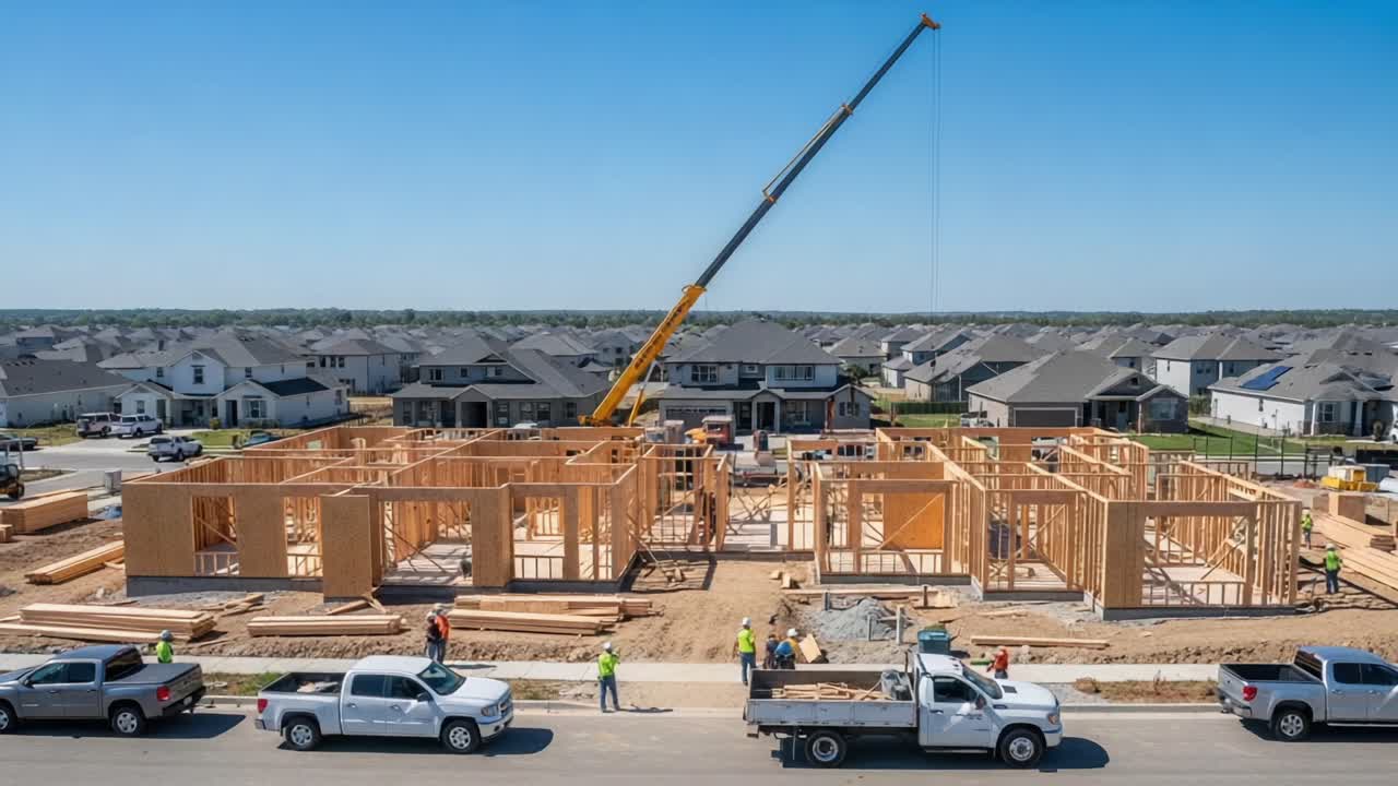 Construction Progress of Residential Homes: A View of Framing and Crane Operations in a Developing Neighborhood