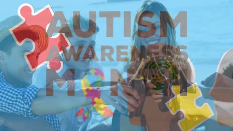 animation of colourful puzzle pieces and autism text over happy friends at summer beach party