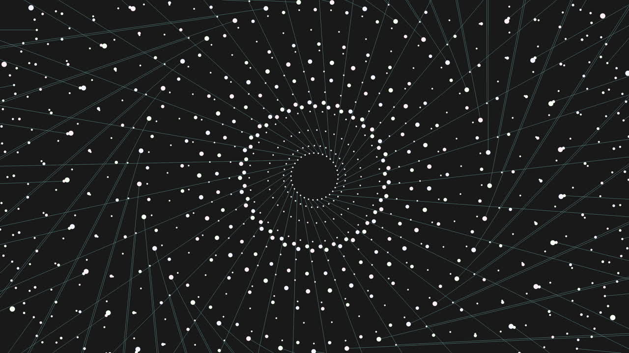intrincado patrón giratorio de círculos blancos conectados en fondo negro