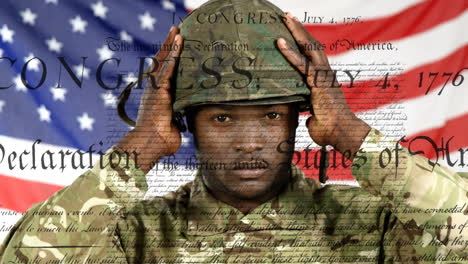 animation of document with text over soldier wearing helmet and american flag