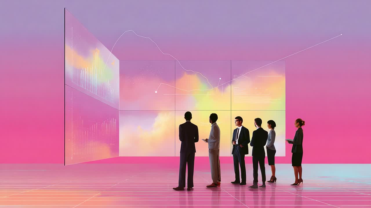 A Professional Gathering in a Futuristic Setting: Analyzing Data Trends with Advanced Visualization in an Innovative Atmosphere Filled with Vibrant Colors and Sleek Technology