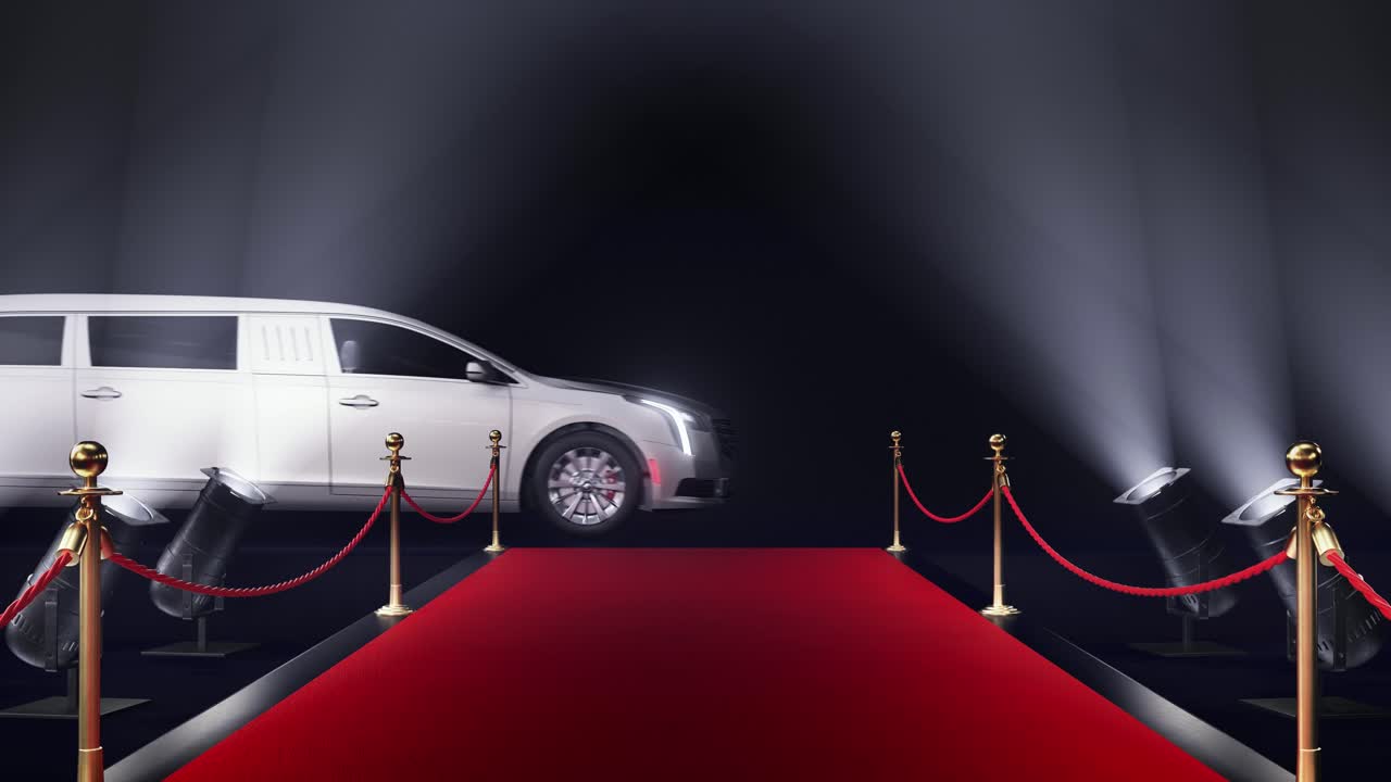 alfombra roja con una limusina en el fondo de los flashes de la cámara
