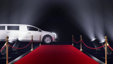 red carpet with a limousine on the background of camera flashes