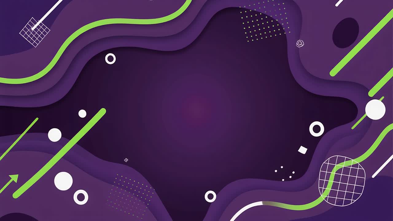 Animated Abstract Background with Purple Waves and Green Geometric Shapes