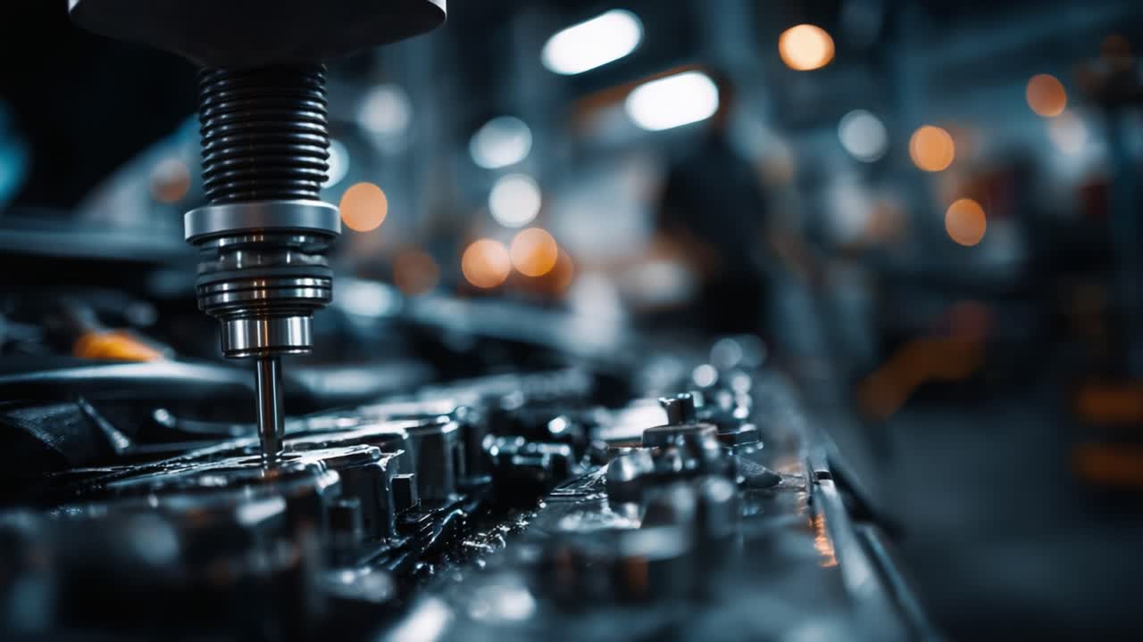 Precision Engineering in Action: A Close-Up Look at a CNC Milling Machine Processing Metal Parts in a Modern Workshop Environment