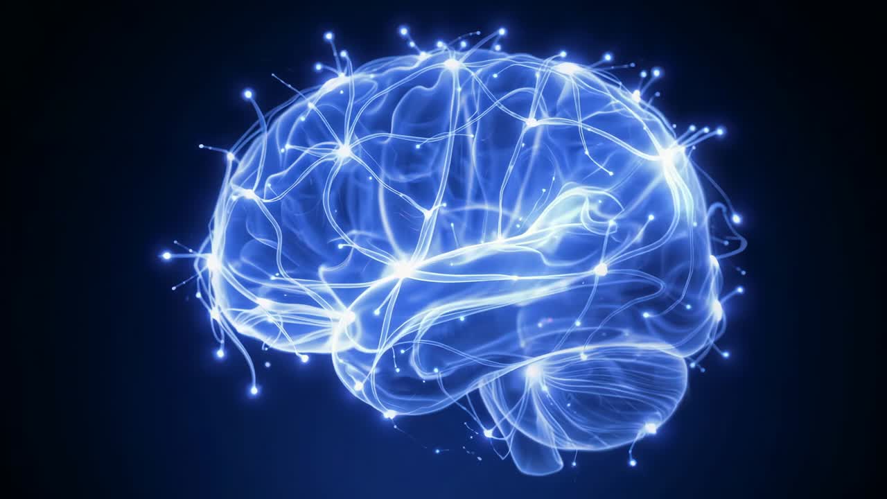 Starting brain model pulsing neural pathways in dark void to visualize activity, with glowing nodes