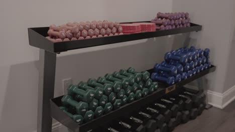 in the gym, there is a rack of colorful dumbbells of varying weights neatly lined up