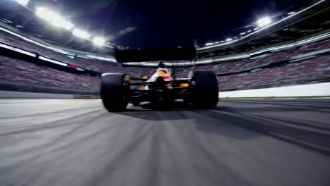 racing formula car drifting at high velocity, generating intense sparks while navigating nighttime speedway curve with roaring stadium audience witnessing high octane motorsport performance