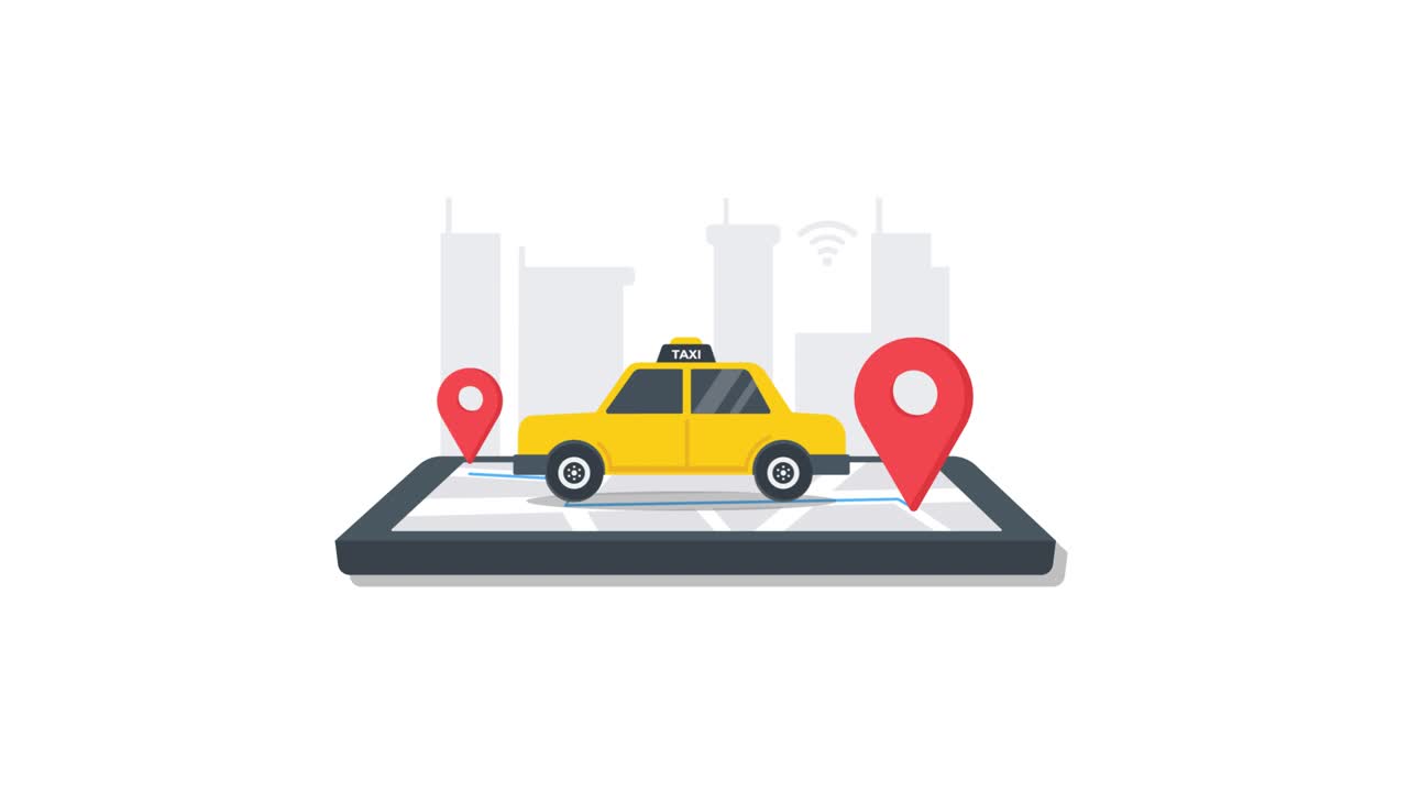 Prenotazione taxi animata e navigazione su mappa di smartphone