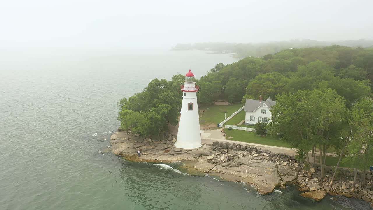 Marblehead Ohio Lighthouse Aerial 4K Fog