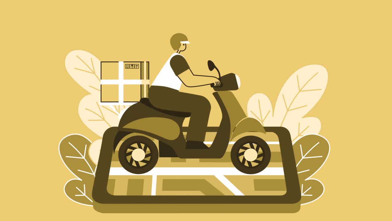 노란색 스타일의 남자 평평한 캐릭터 배달 스쿠터 또는 카드보드 상자와 함께 오토바이를 타고 알파 채널과 함께 고립 된 루프 애니메이션