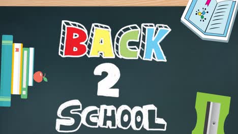 Animation-of-back-to-school-text-banner-and-school-concept-icons-falling-against-chalkboard